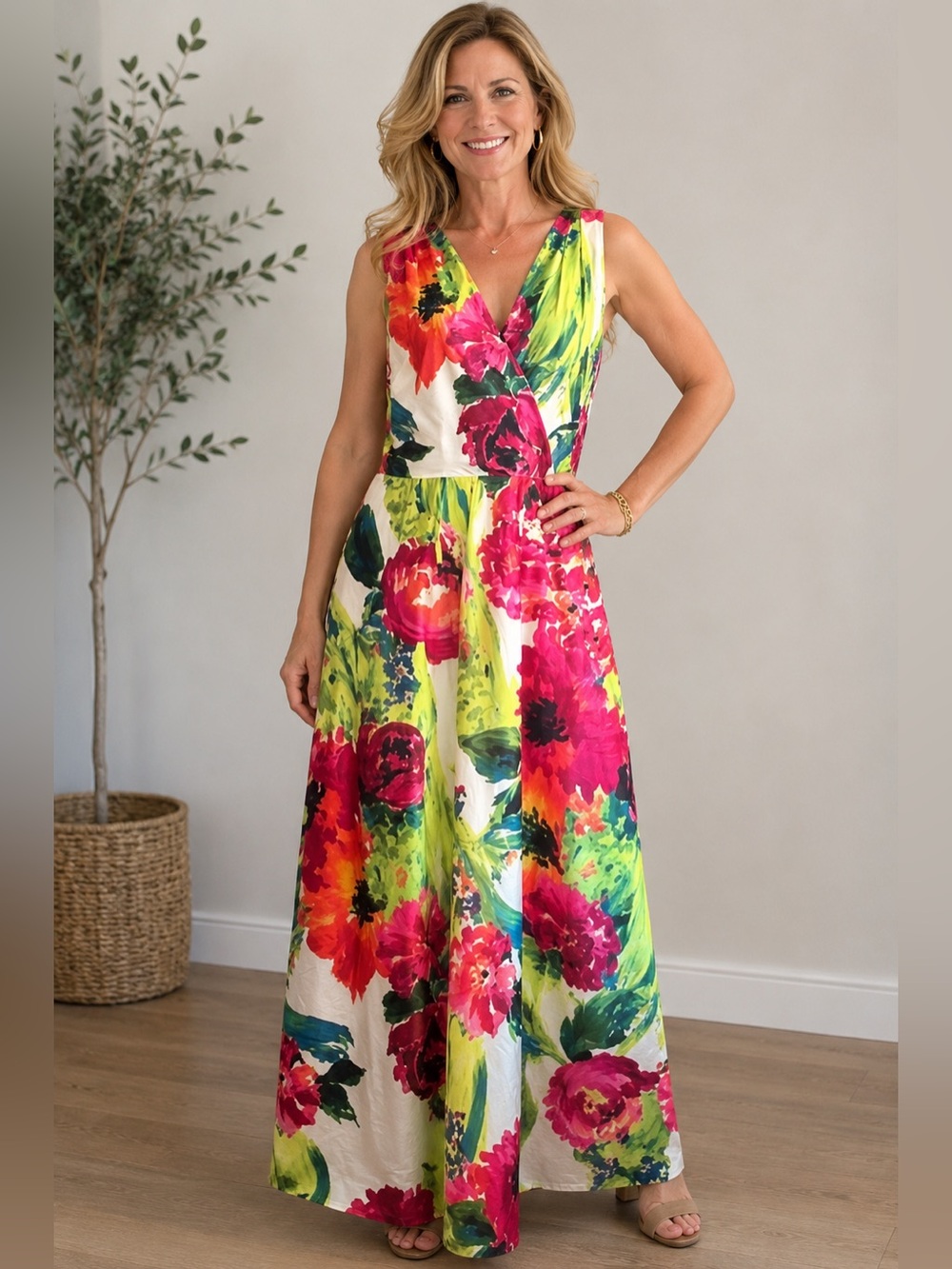 TAHARI MAXI Floral sleeveless dress SZ 16 NWT